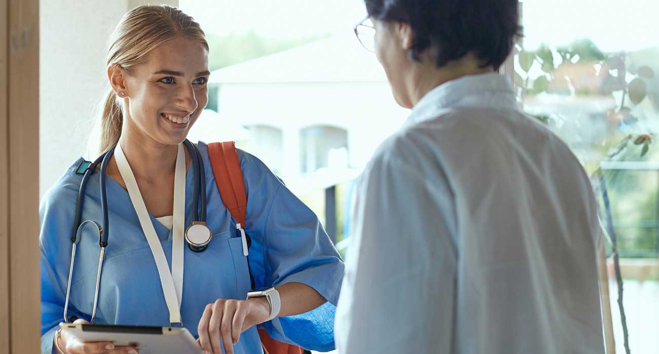 A punctual home health nurse arriving at an elderly patient's home in Canton, Ohio