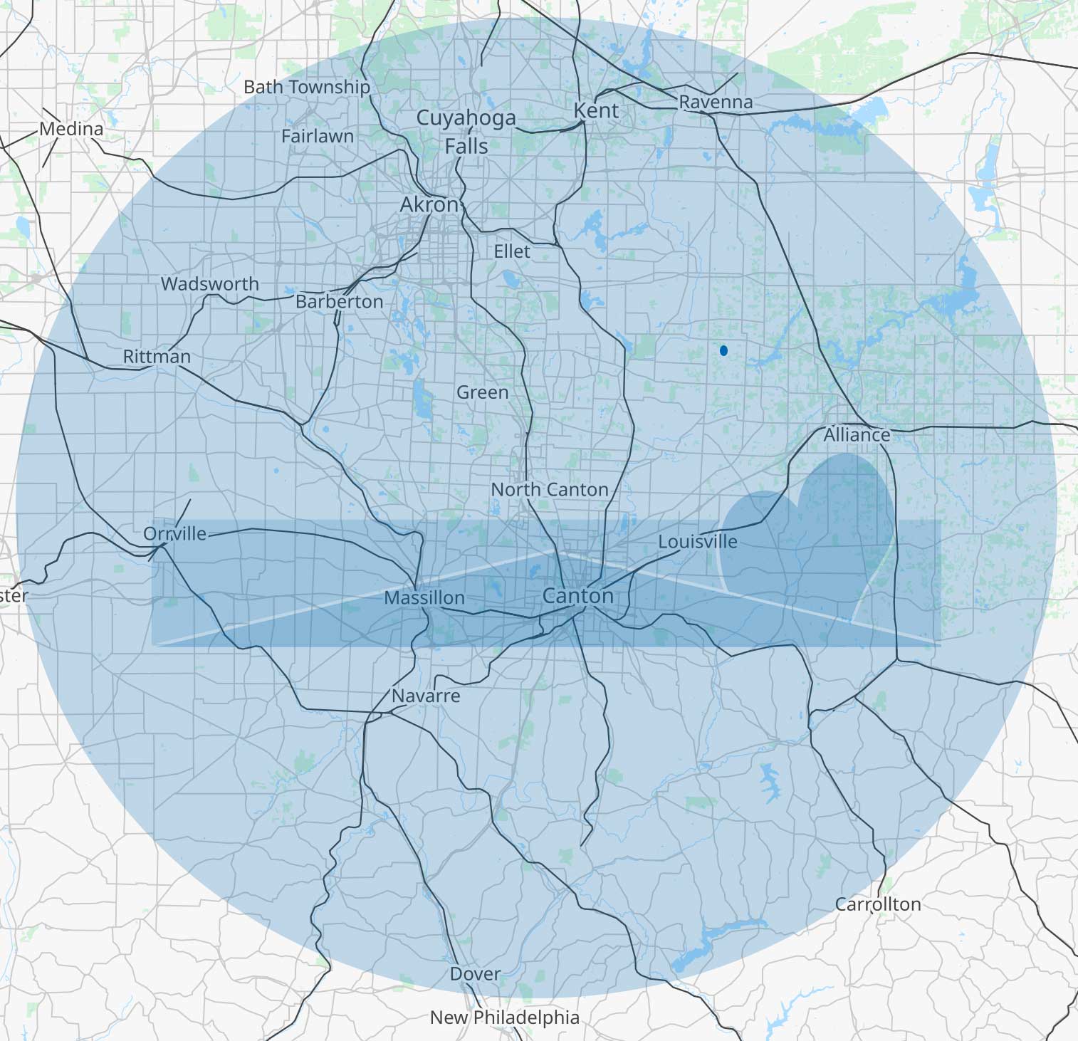 Service area map showing roughly a thirty-mile radius around North Canton, OH. The service area includes the Ohio cities of Canton, Louisville, Massillon, Navarre, Alliance, Green, Akron, Cuyahoga Falls, Ravenna, Orrville, Dover, and more.